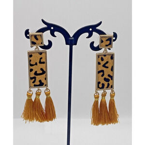C & C California Long Cheetah Print Threaded Rectangle Tassel Earrings Boho